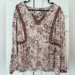 J.Jill Women’s Pink/Red Flower Print V-Neck Boho Tunic Blouse Shirt Size XL